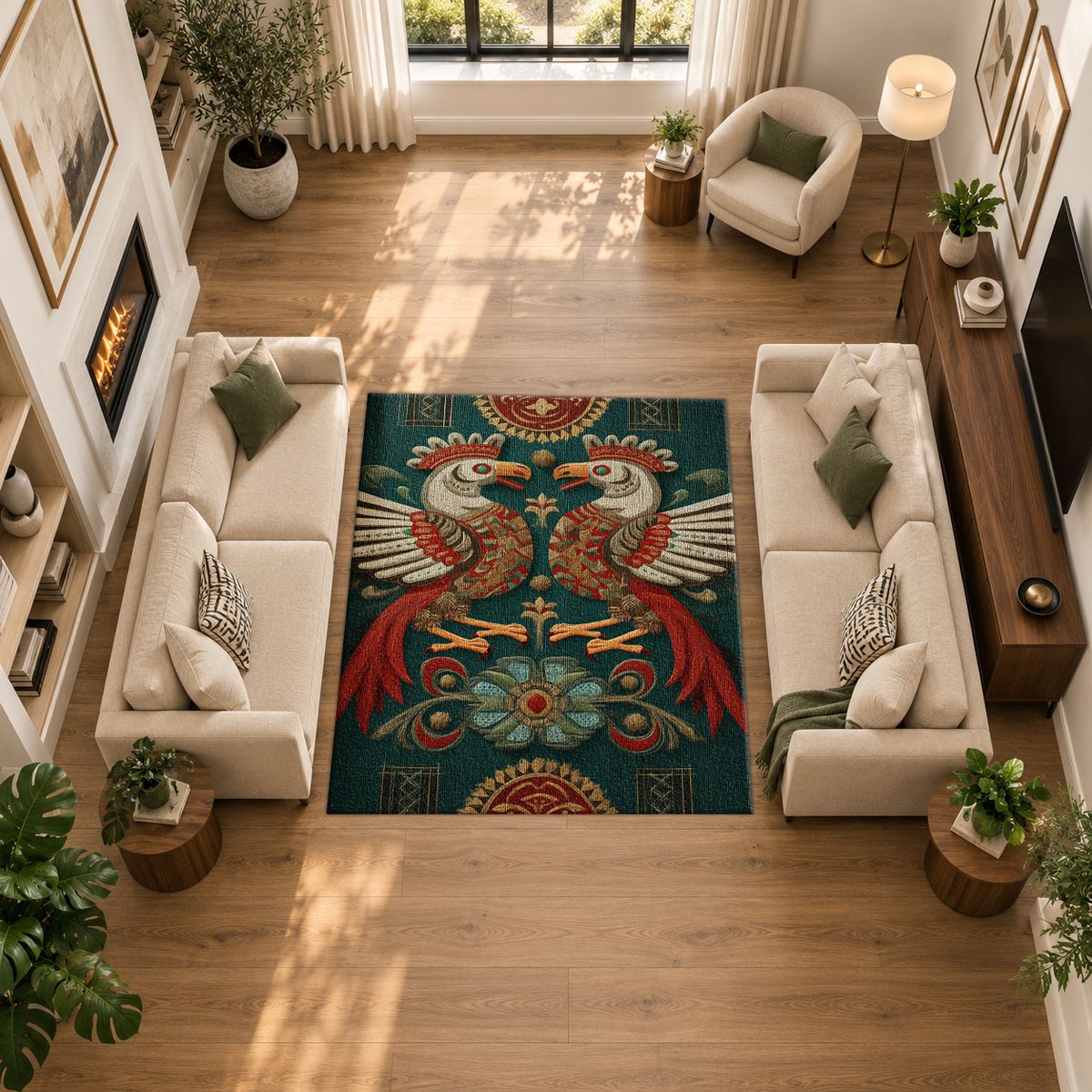 Teal Folk Art Roosters printed area rug