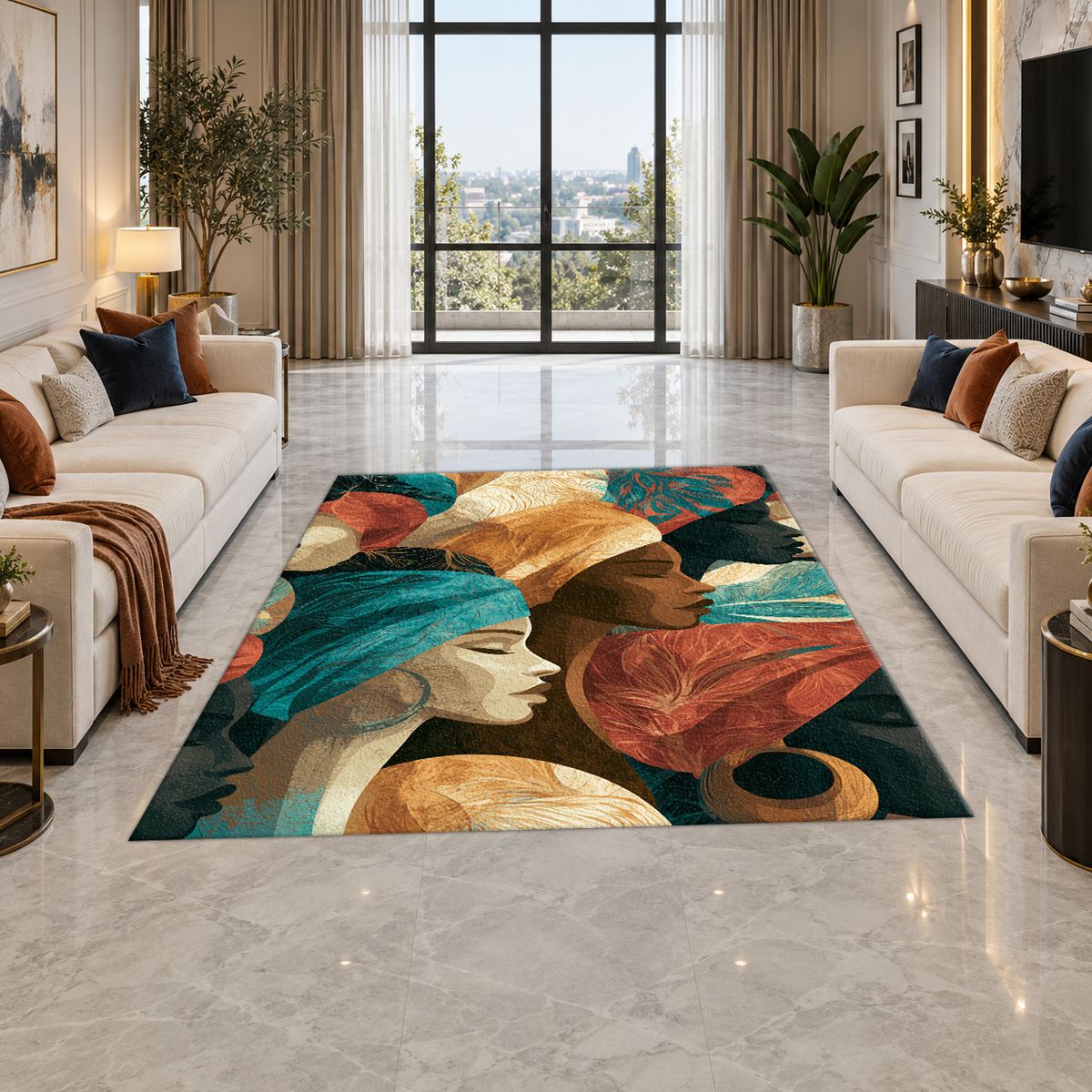 Turban Women Portrait Collage printed area rug