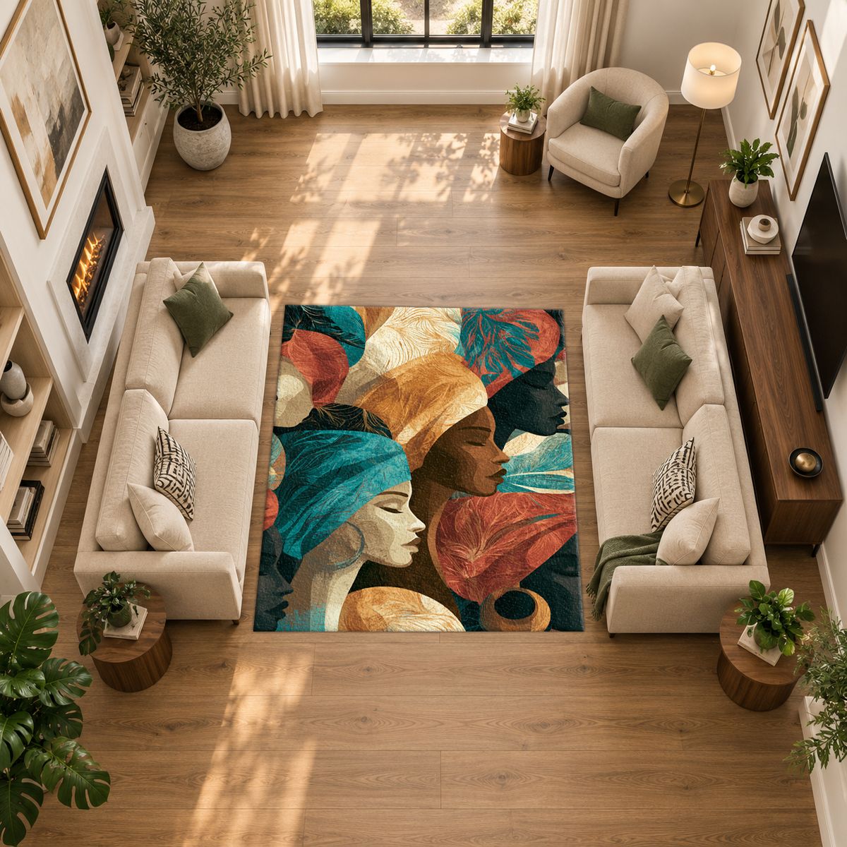 Turban Women Portrait Collage printed area rug