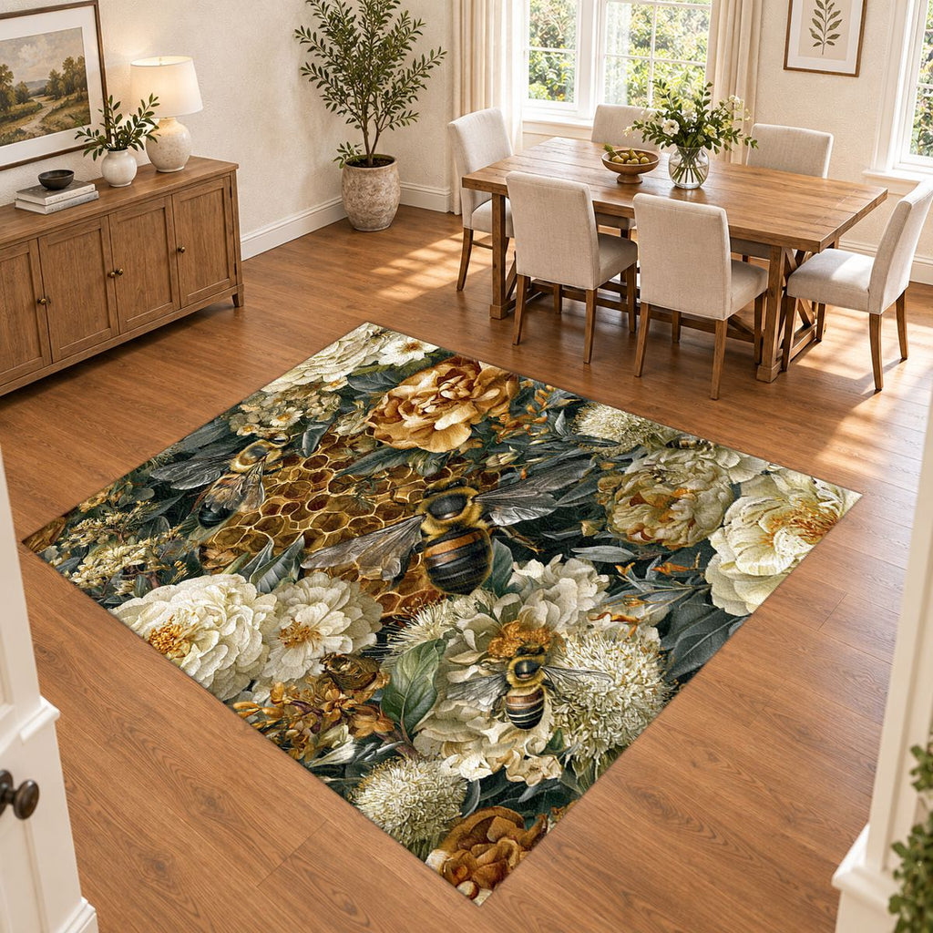 Gold Peony and Honeycomb printed area rug