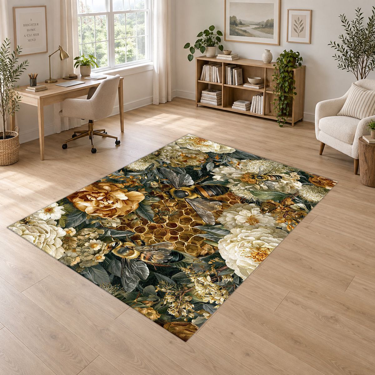 Gold Peony and Honeycomb printed area rug
