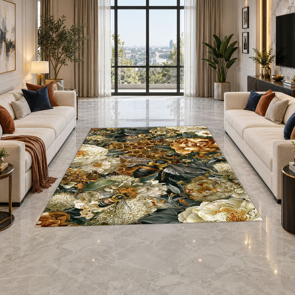 Gold Peony and Honeycomb printed area rug