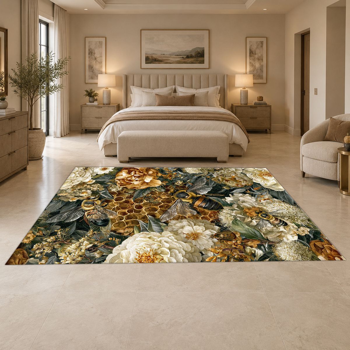 Gold Peony and Honeycomb printed area rug