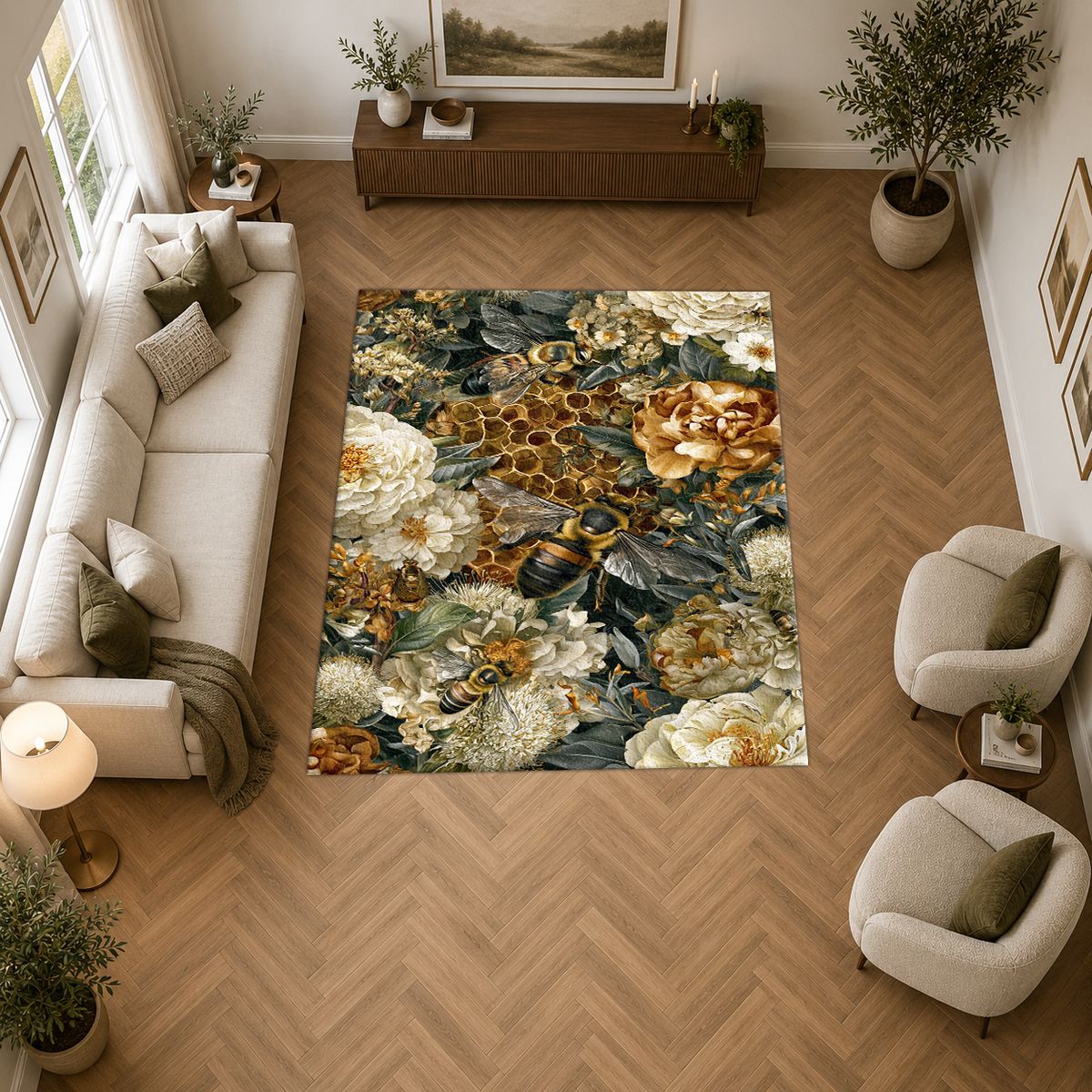 Gold Peony and Honeycomb printed area rug
