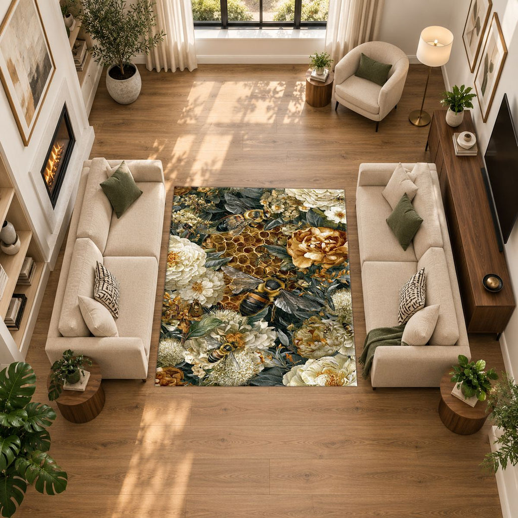 Gold Peony and Honeycomb printed area rug