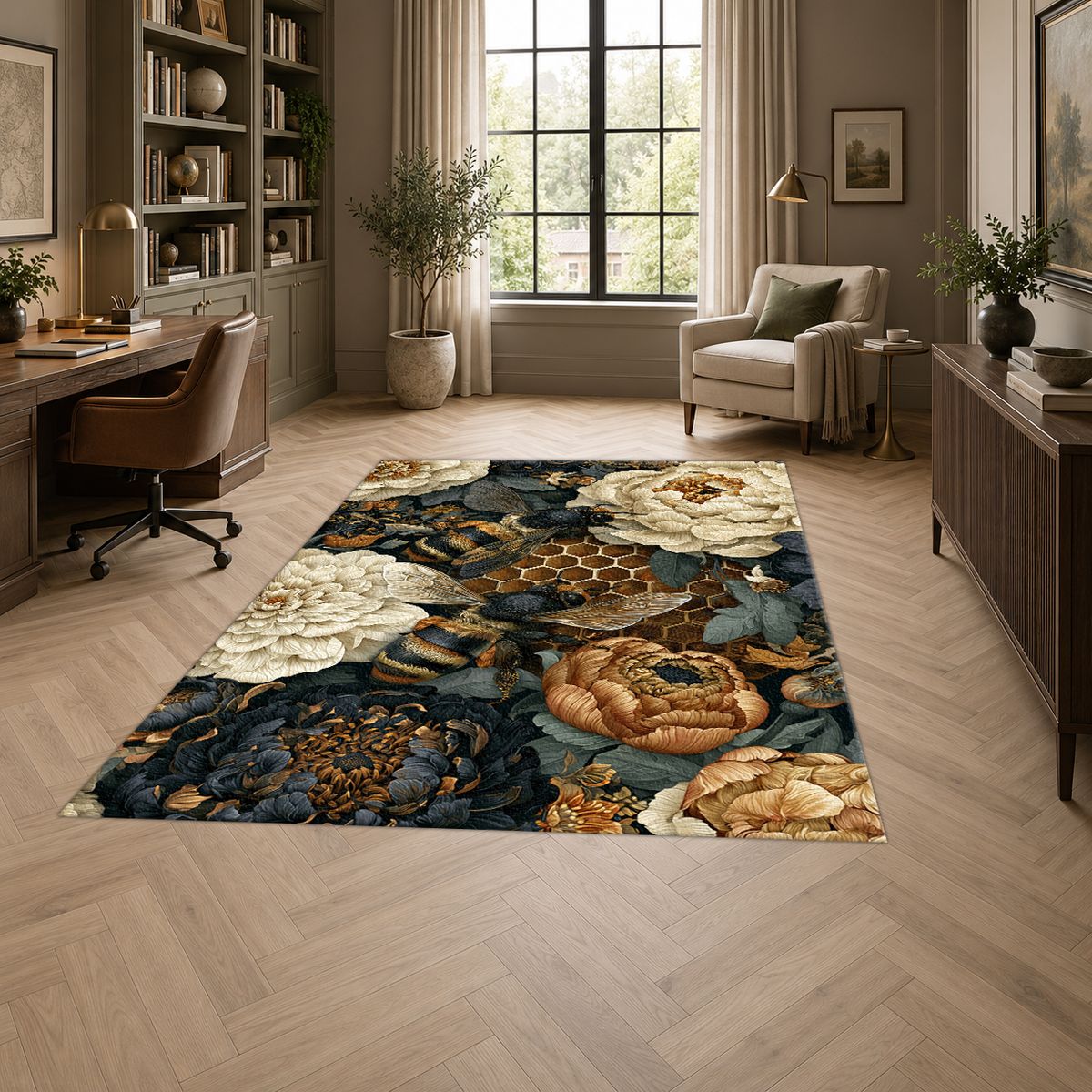 Peony Honeycomb Floral Dark printed area rug