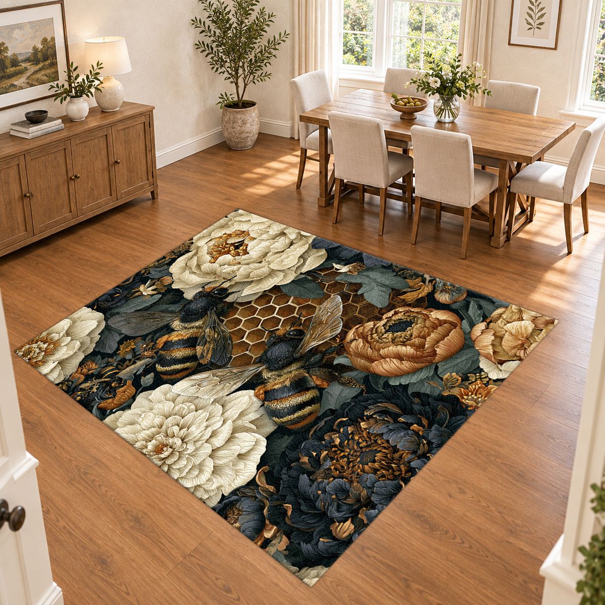 Peony Honeycomb Floral Dark printed area rug