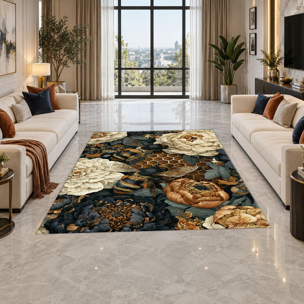 Peony Honeycomb Floral Dark printed area rug
