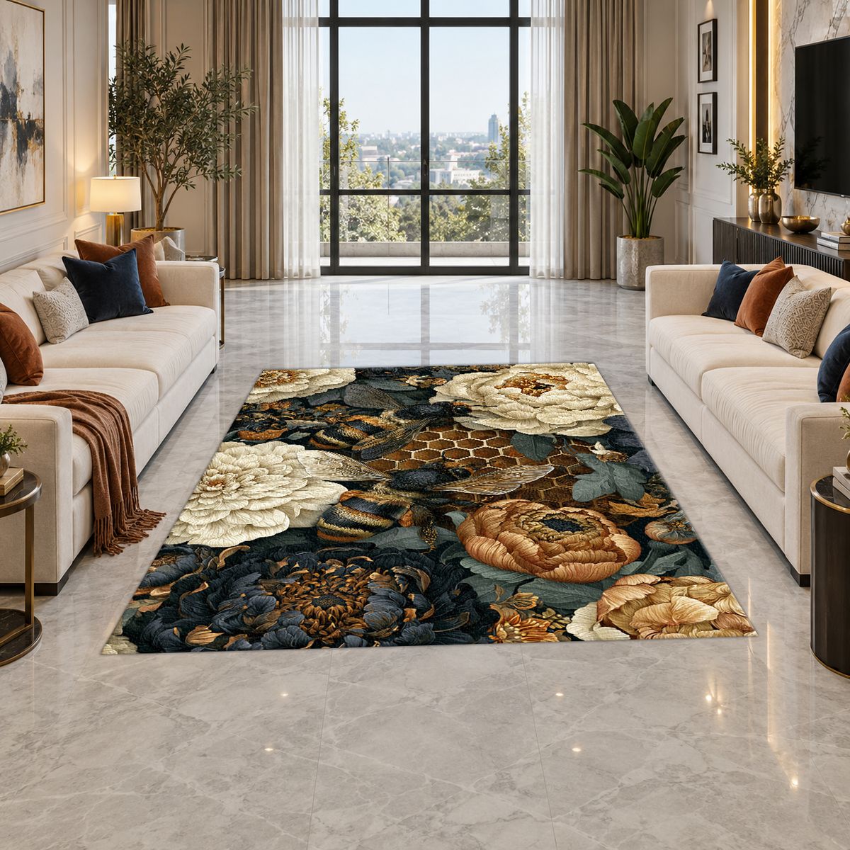 Peony Honeycomb Floral Dark printed area rug