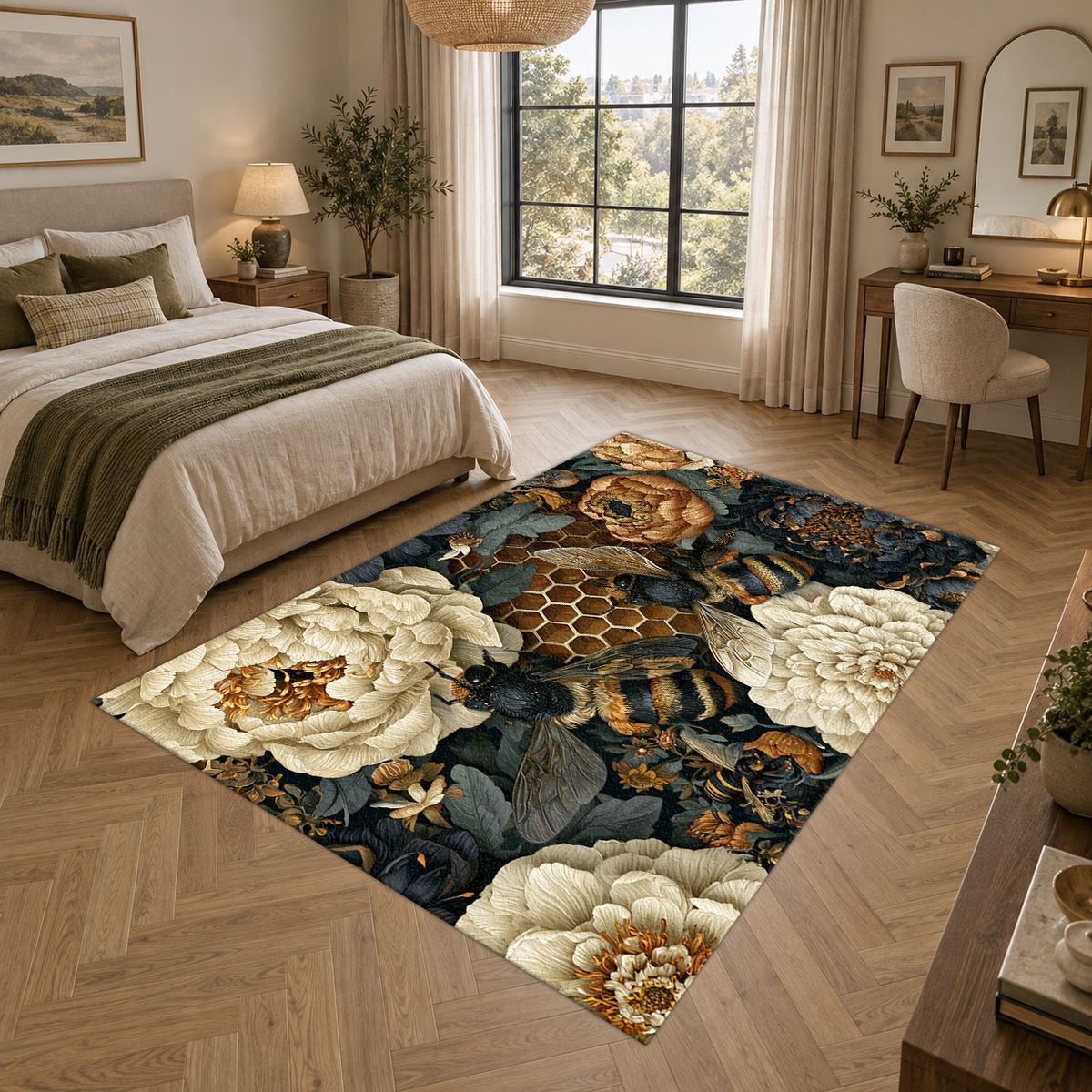 Peony Honeycomb Floral Dark printed area rug