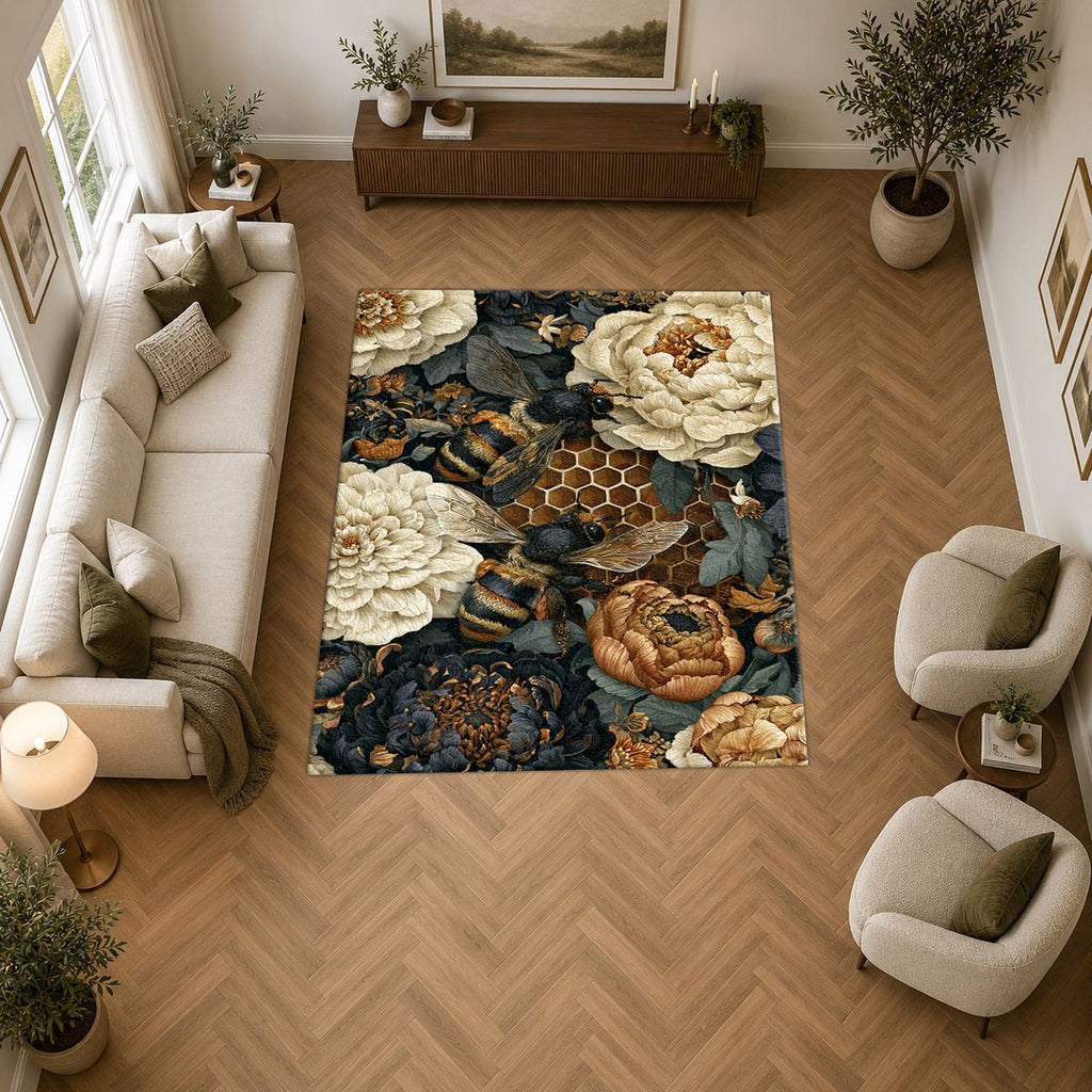 Peony Honeycomb Floral Dark printed area rug