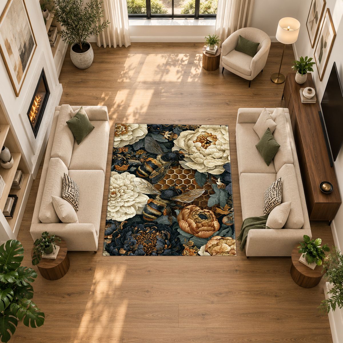 Peony Honeycomb Floral Dark printed area rug