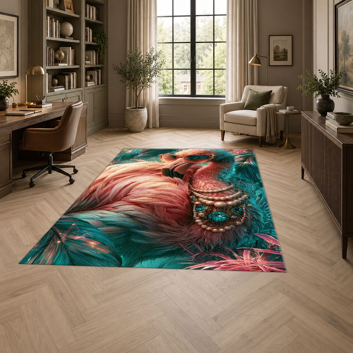 Glamorous Pink Flamingo with Pearls printed area rug