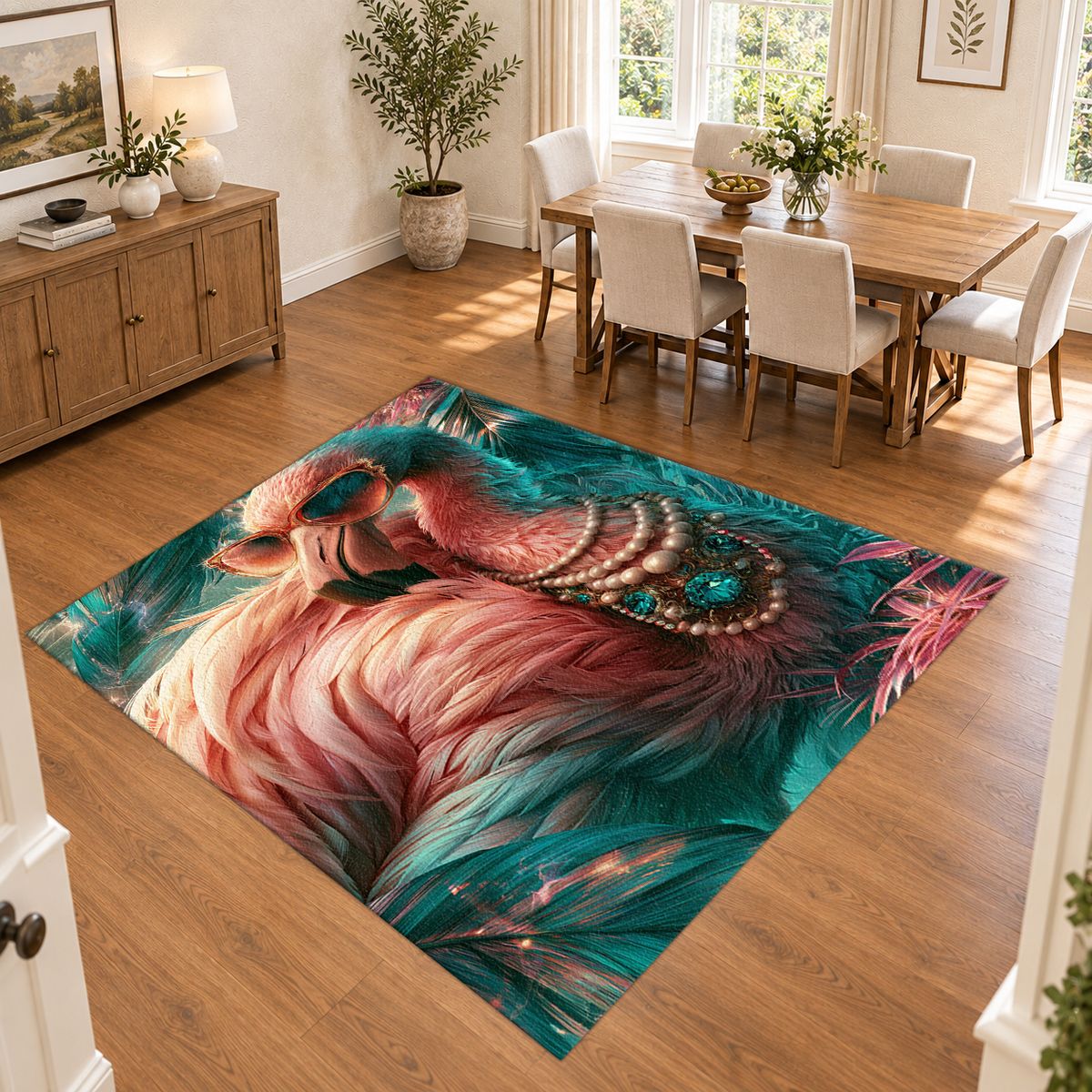Glamorous Pink Flamingo with Pearls printed area rug