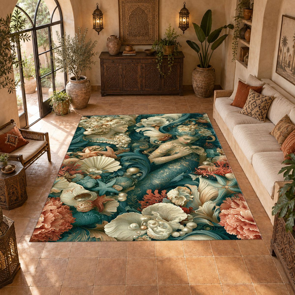 Mermaid and Seashell Floral printed area rug
