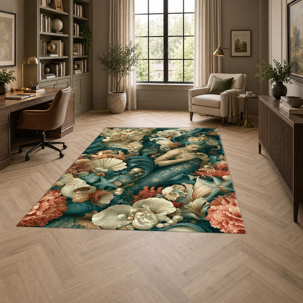 Mermaid and Seashell Floral printed area rug