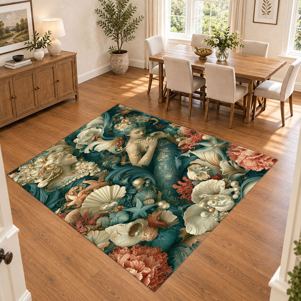 Mermaid and Seashell Floral printed area rug