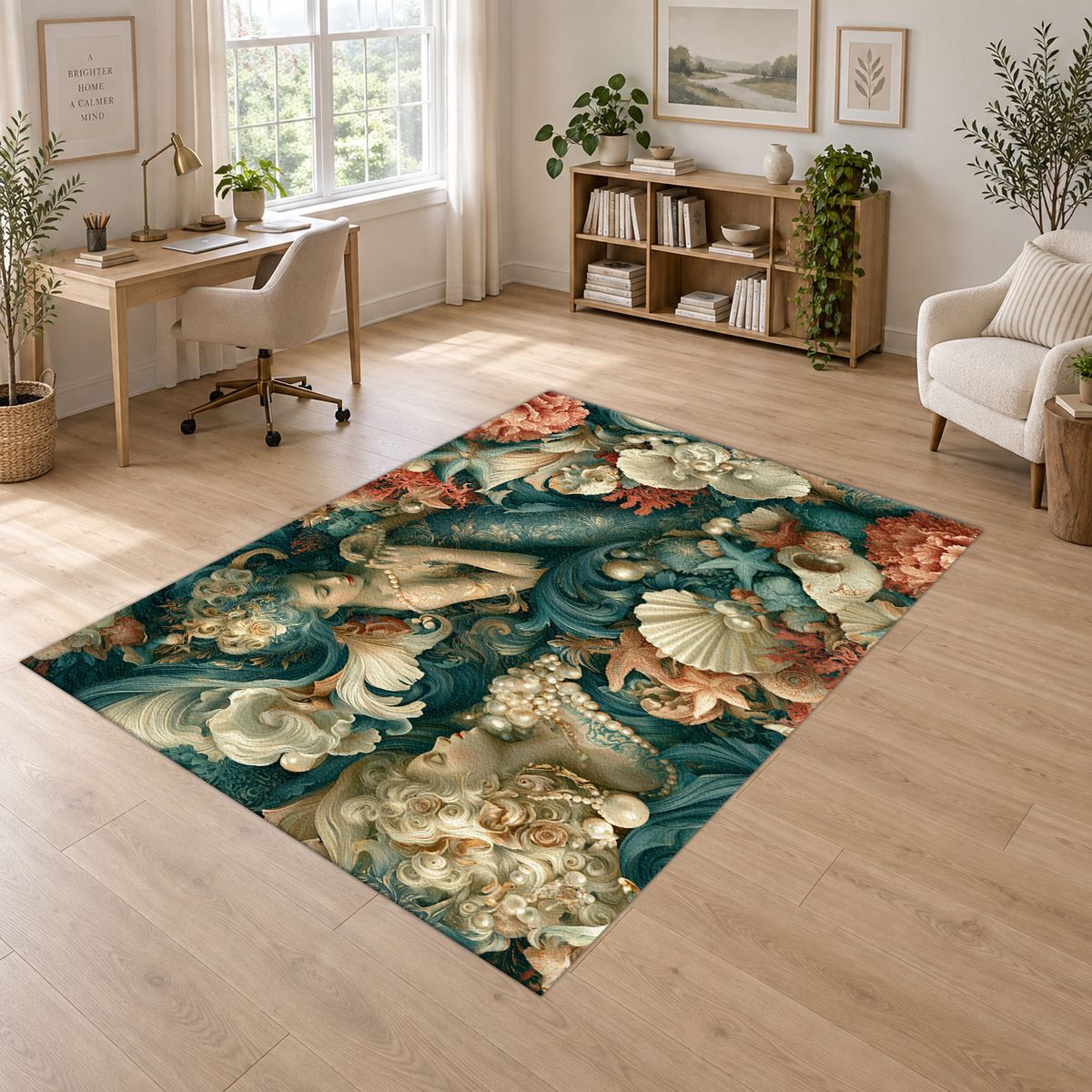 Mermaid and Seashell Floral printed area rug