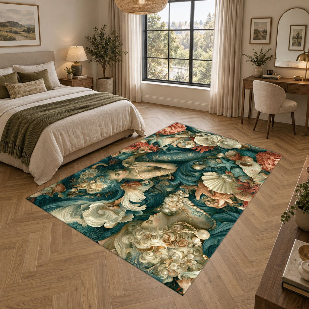 Mermaid and Seashell Floral printed area rug