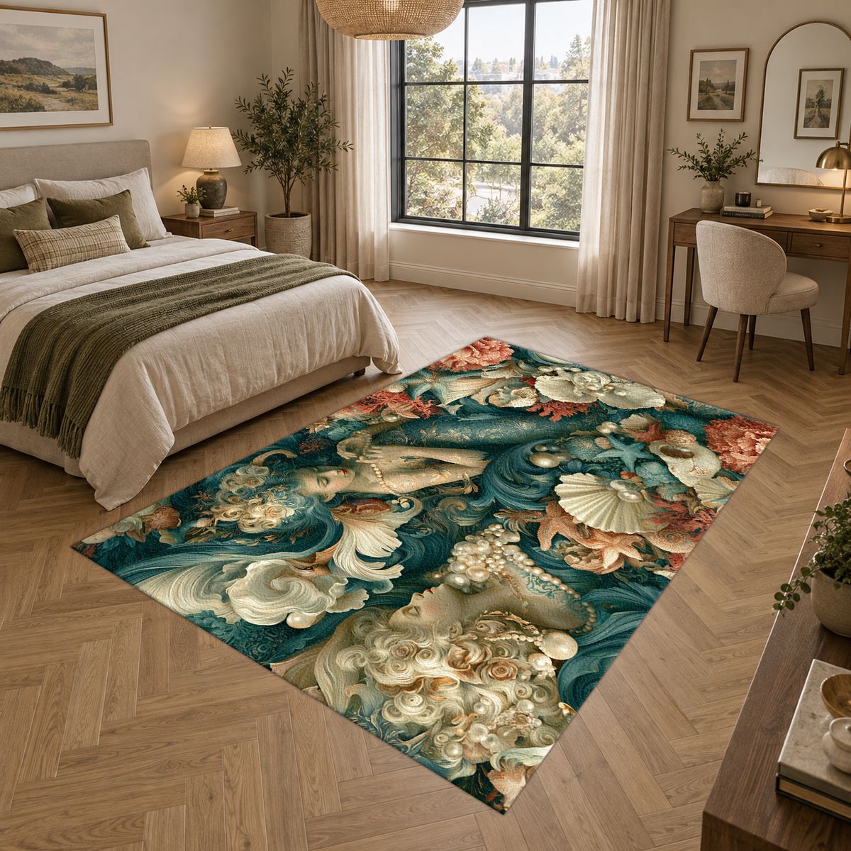 Mermaid and Seashell Floral printed area rug