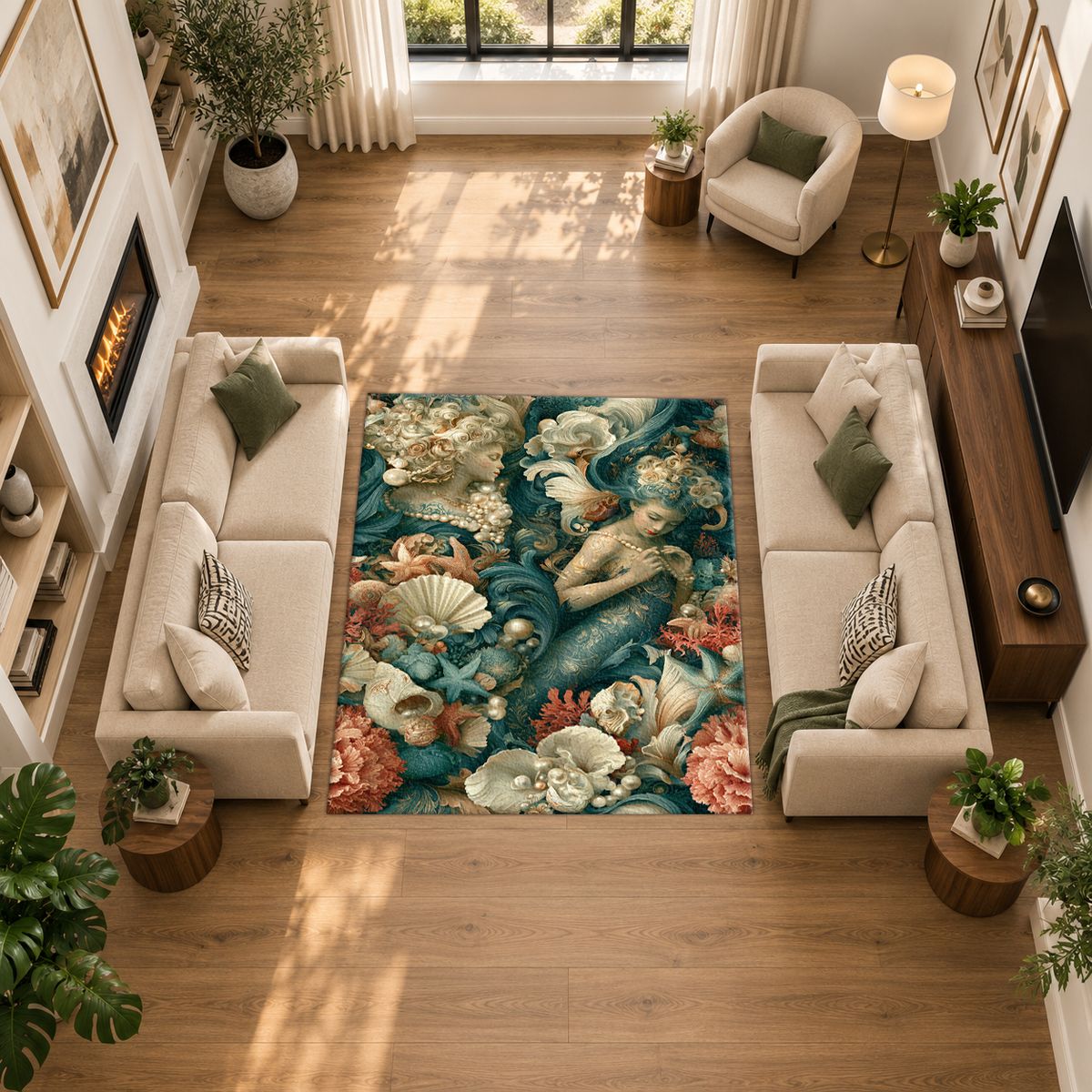 Mermaid and Seashell Floral printed area rug