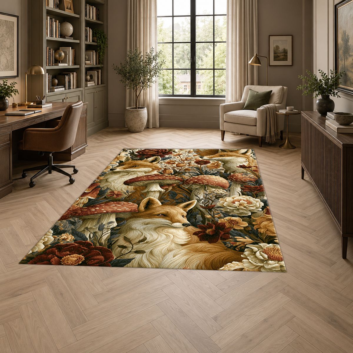 Fox and Mushroom Forest printed area rug