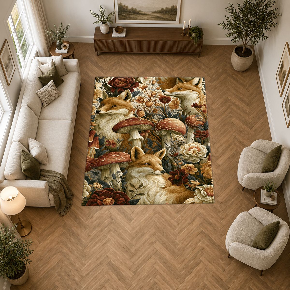 Fox and Mushroom Forest printed area rug