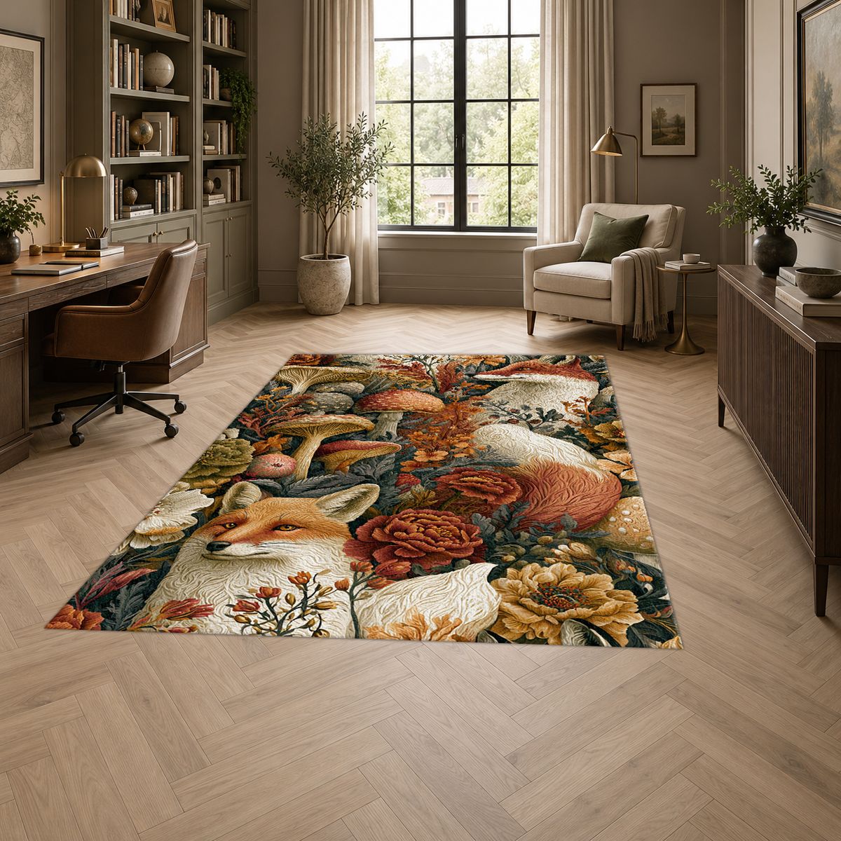 Red Fox Woodland Mushrooms printed area rug