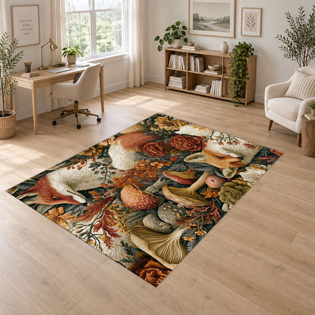 Red Fox Woodland Mushrooms printed area rug