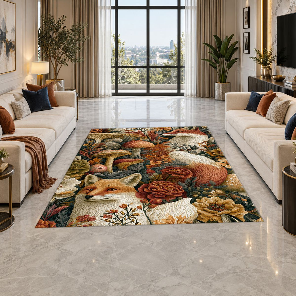 Red Fox Woodland Mushrooms printed area rug