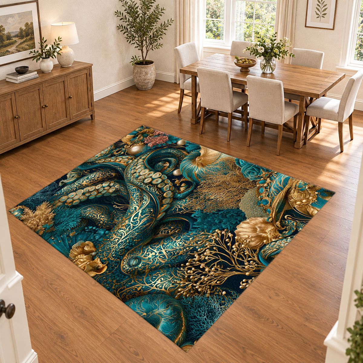 Teal Octopus Tentacle Swirl printed area rug