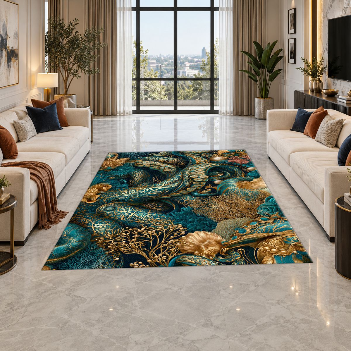Teal Octopus Tentacle Swirl printed area rug