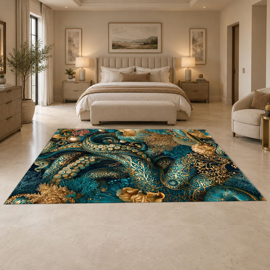 Teal Octopus Tentacle Swirl printed area rug