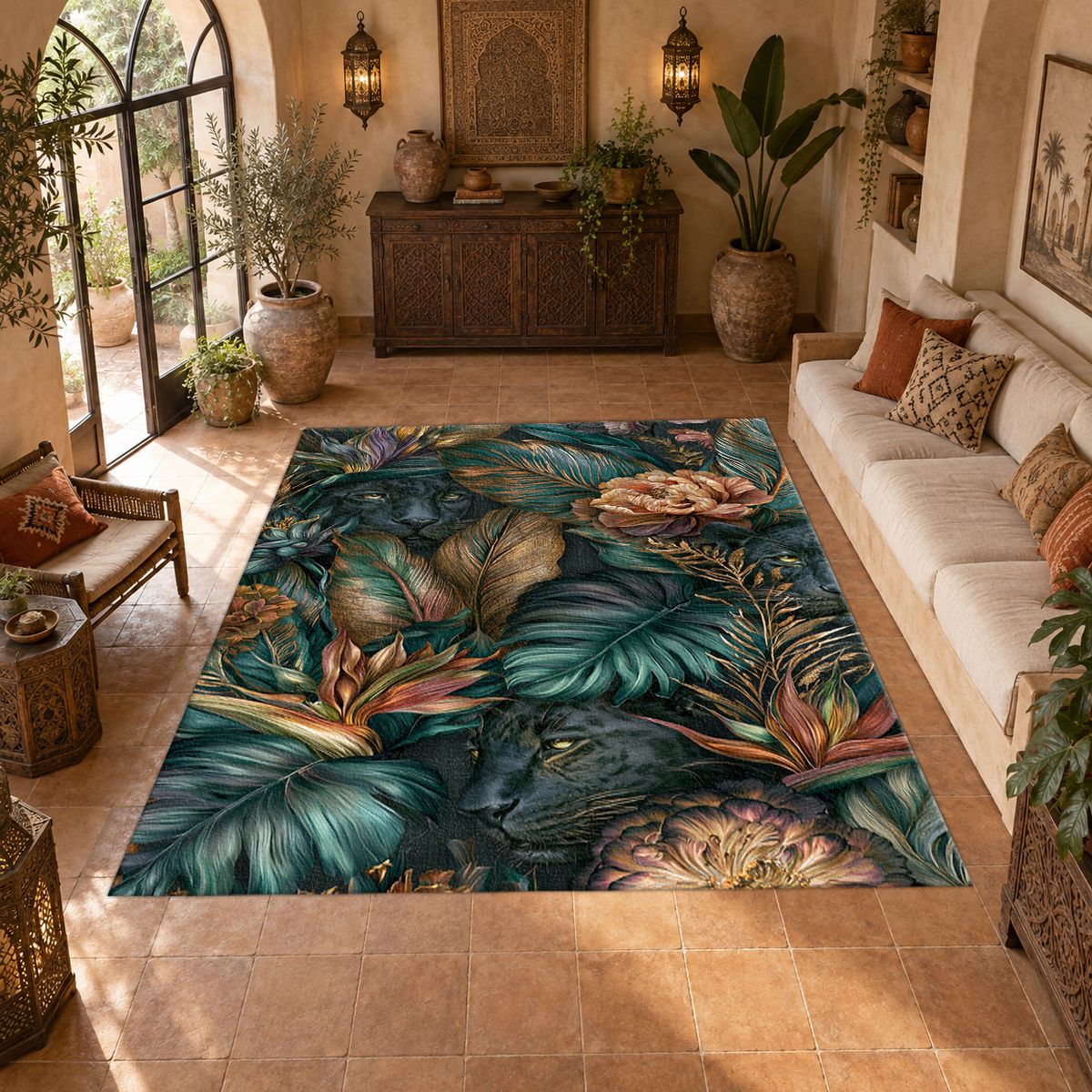 Dark Tropical Panther Jungle printed area rug