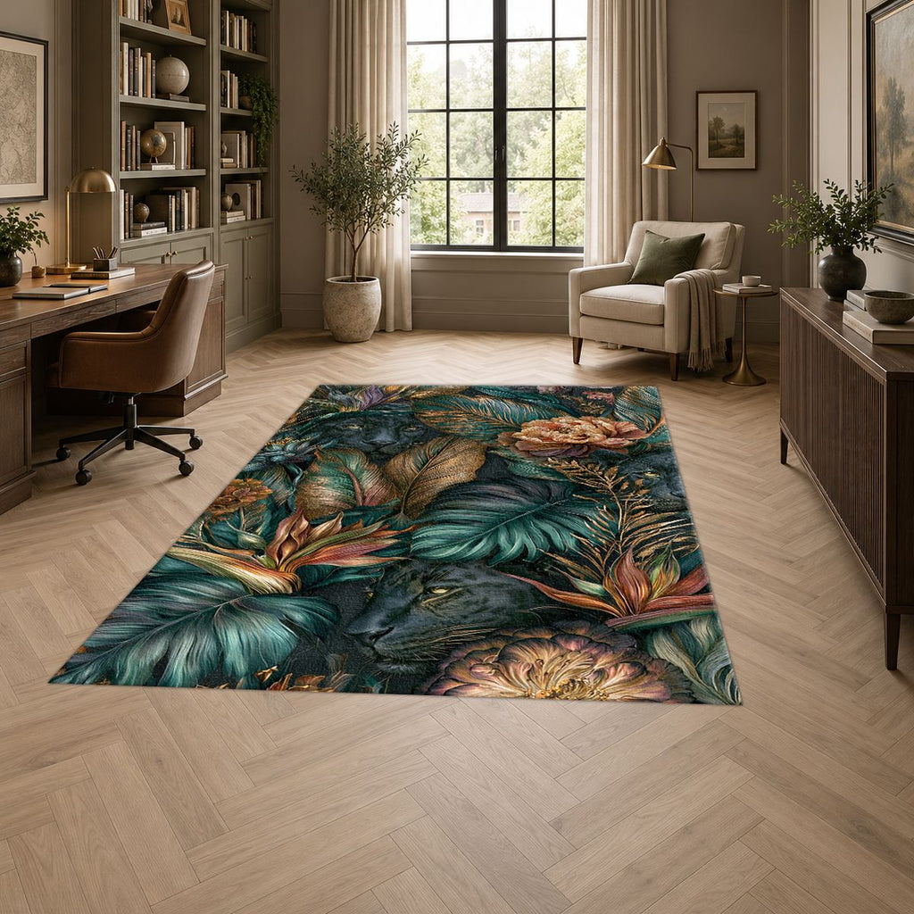 Dark Tropical Panther Jungle printed area rug