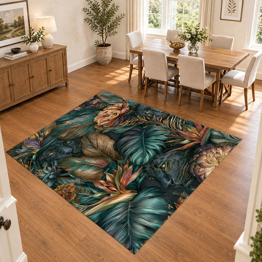 Dark Tropical Panther Jungle printed area rug