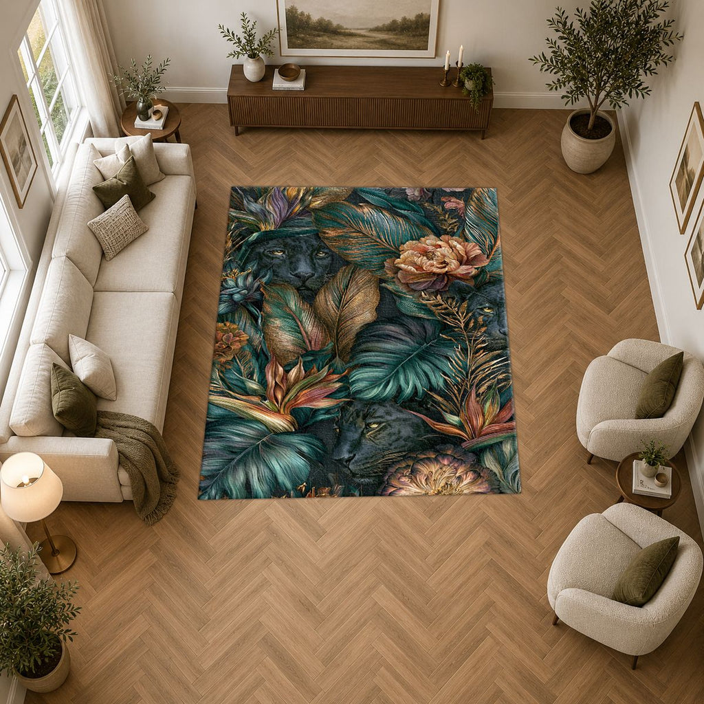 Dark Tropical Panther Jungle printed area rug