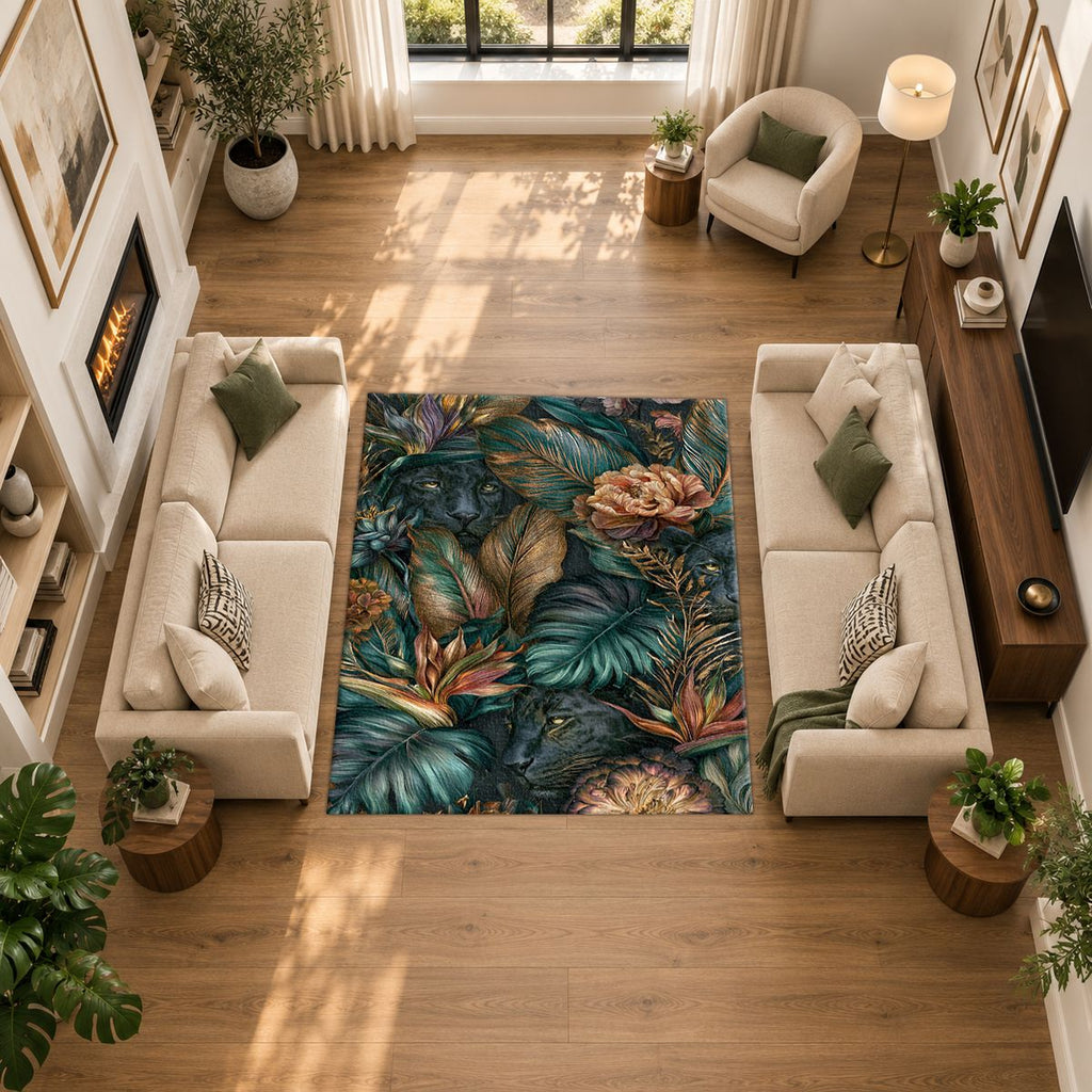 Dark Tropical Panther Jungle printed area rug