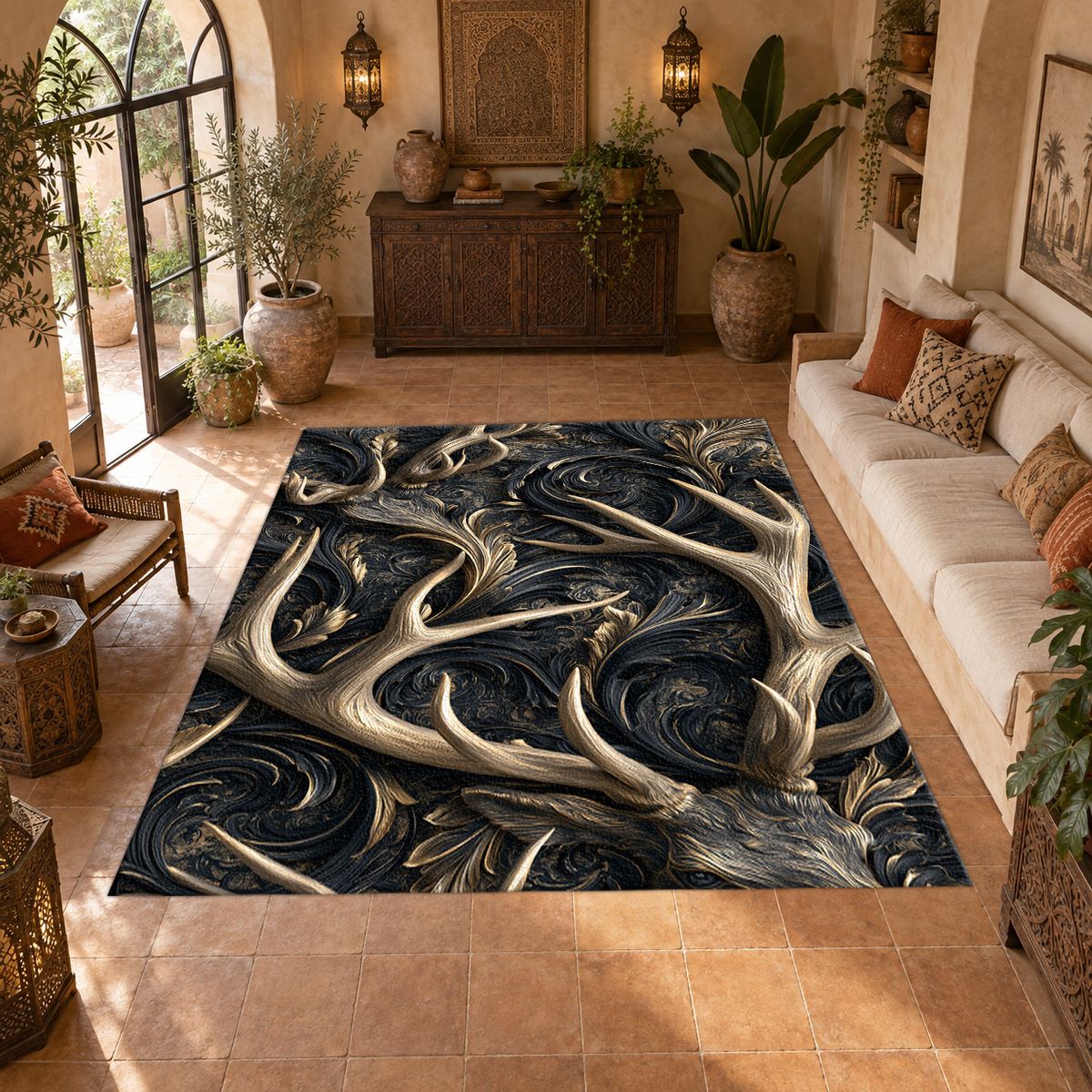 Gold Antlers on Black Swirls printed area rug