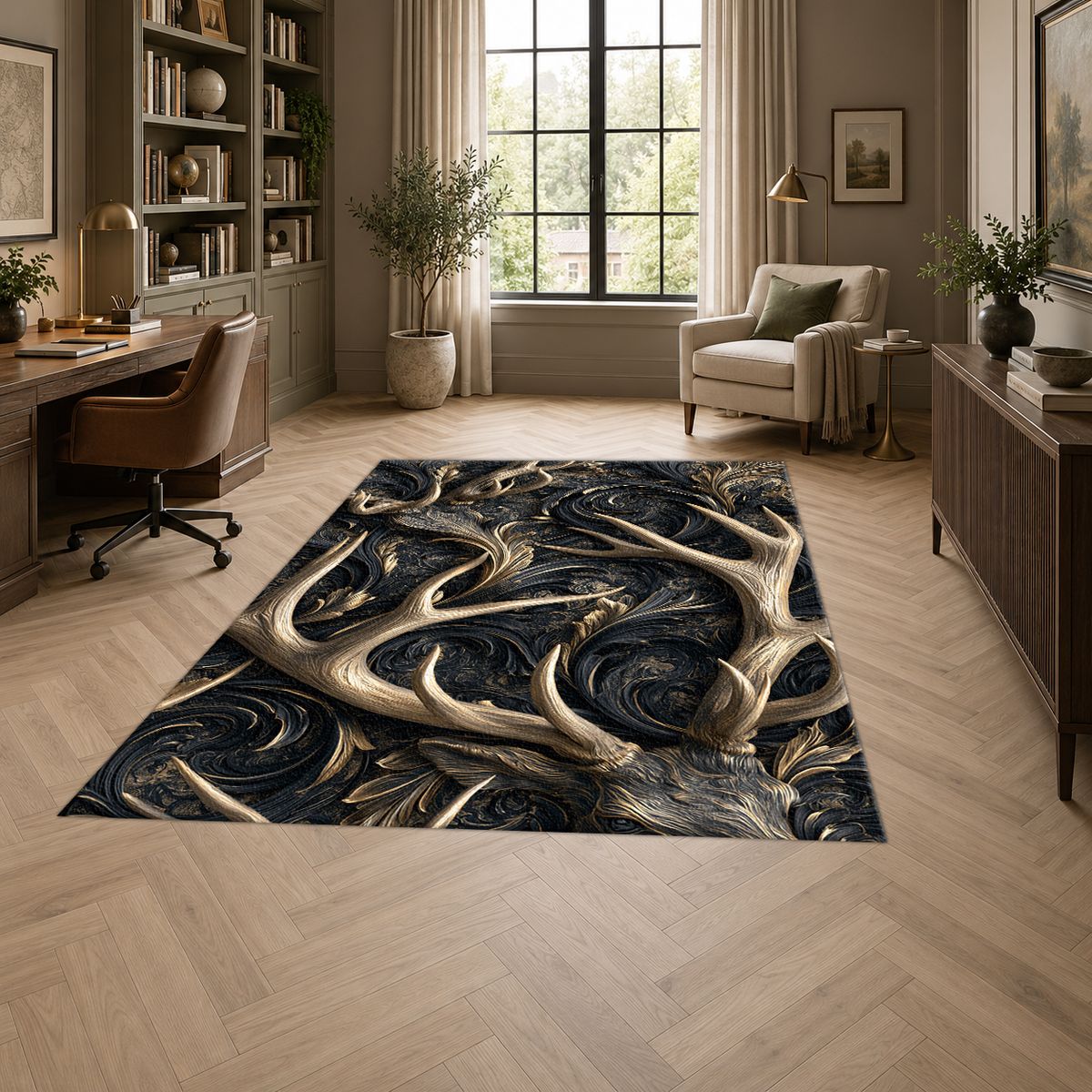 Gold Antlers on Black Swirls printed area rug