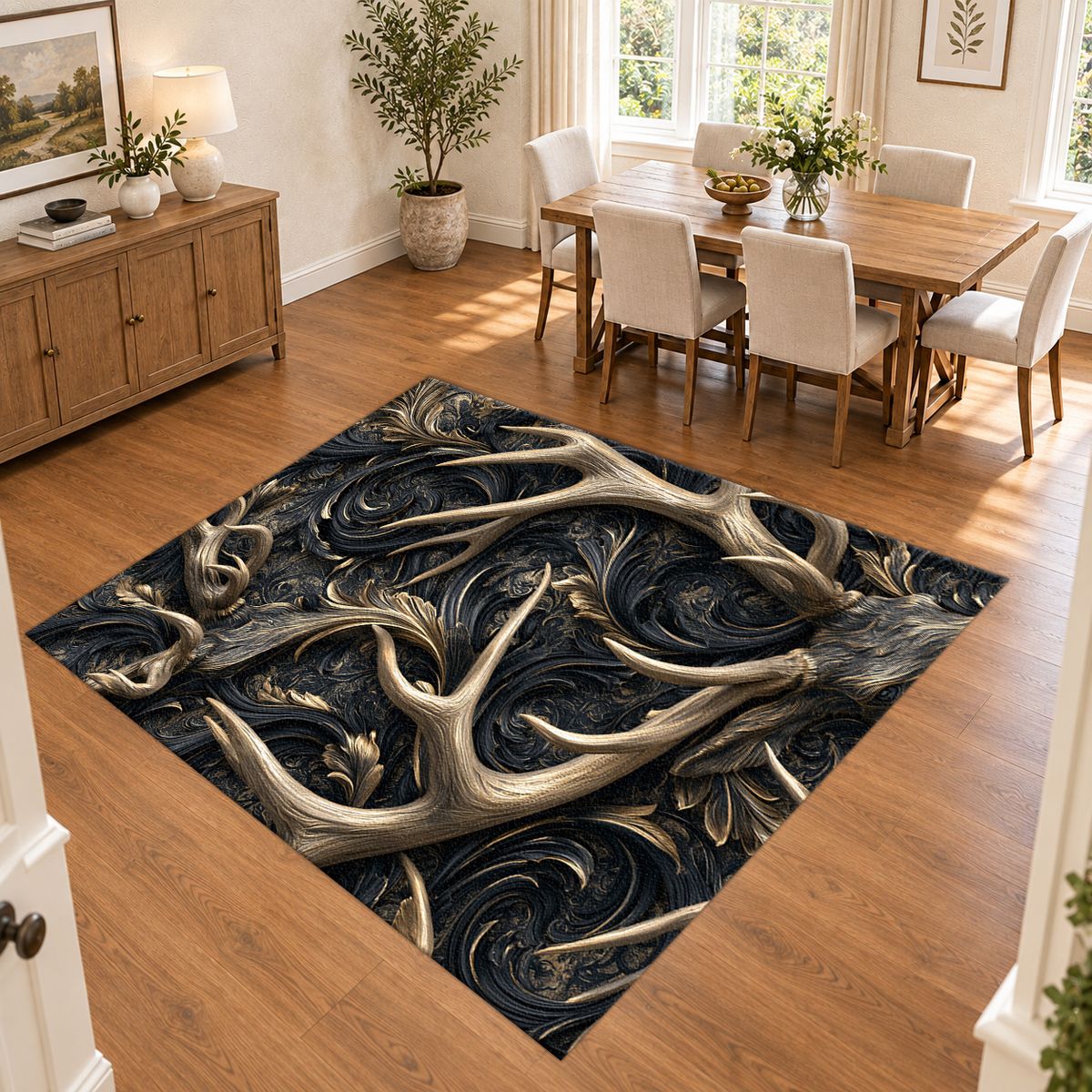 Gold Antlers on Black Swirls printed area rug