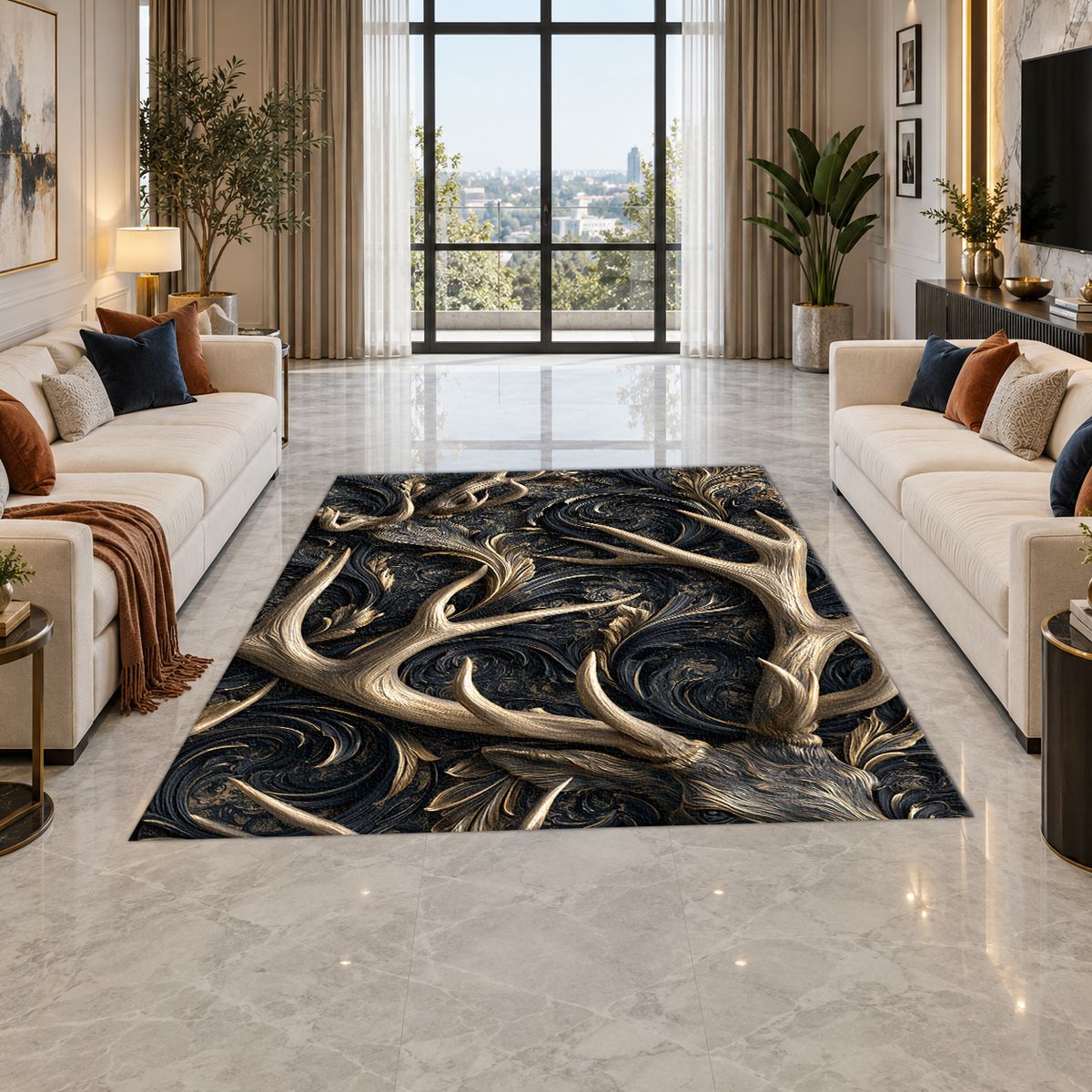 Gold Antlers on Black Swirls printed area rug