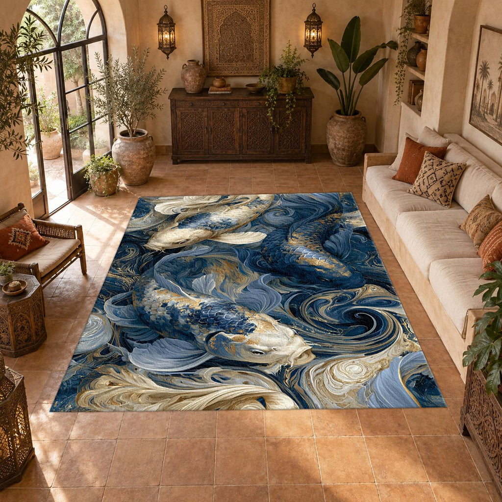 Navy Koi Fish Swirls printed area rug