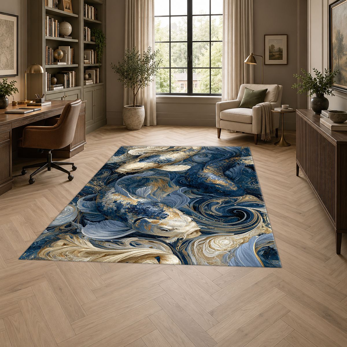 Navy Koi Fish Swirls printed area rug