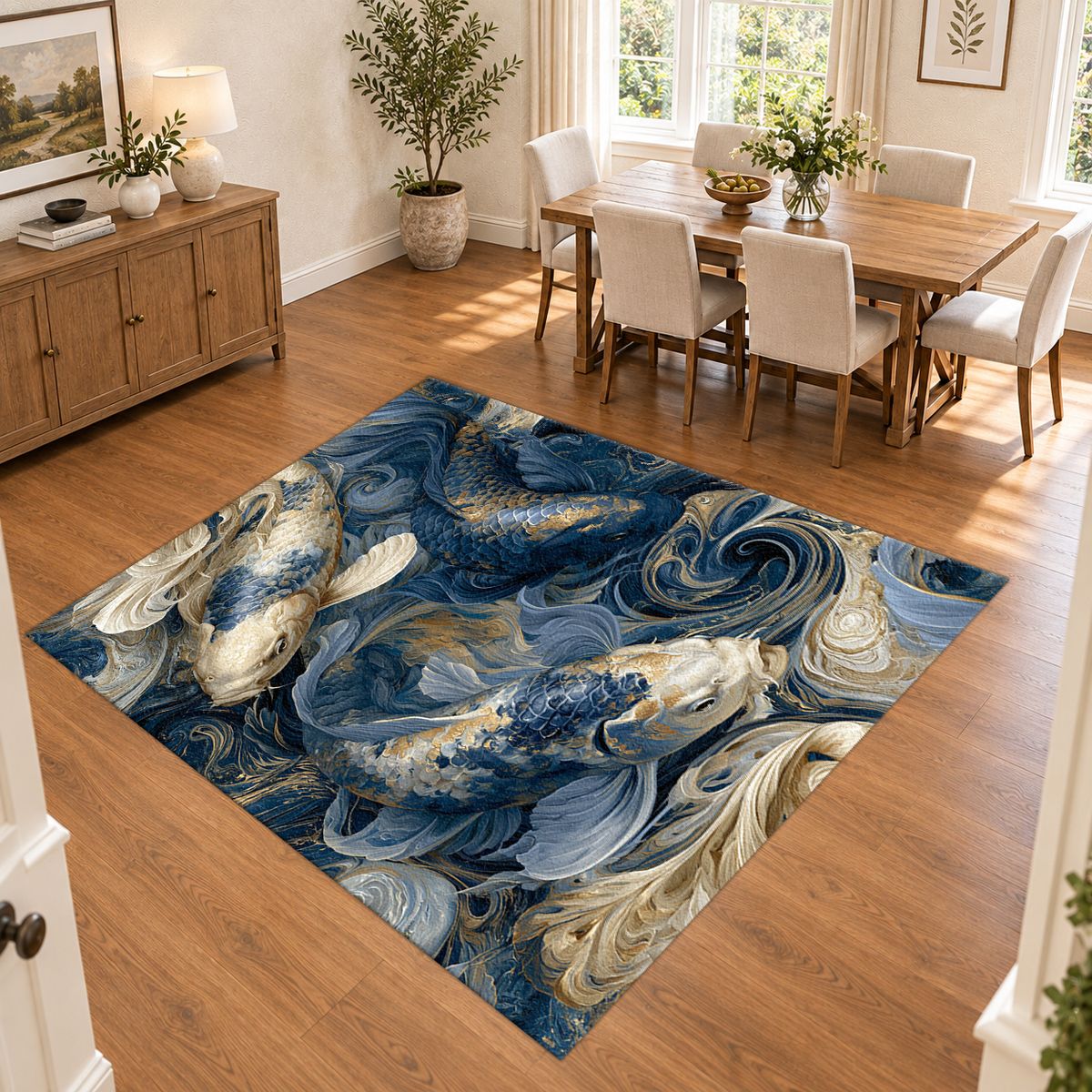 Navy Koi Fish Swirls printed area rug
