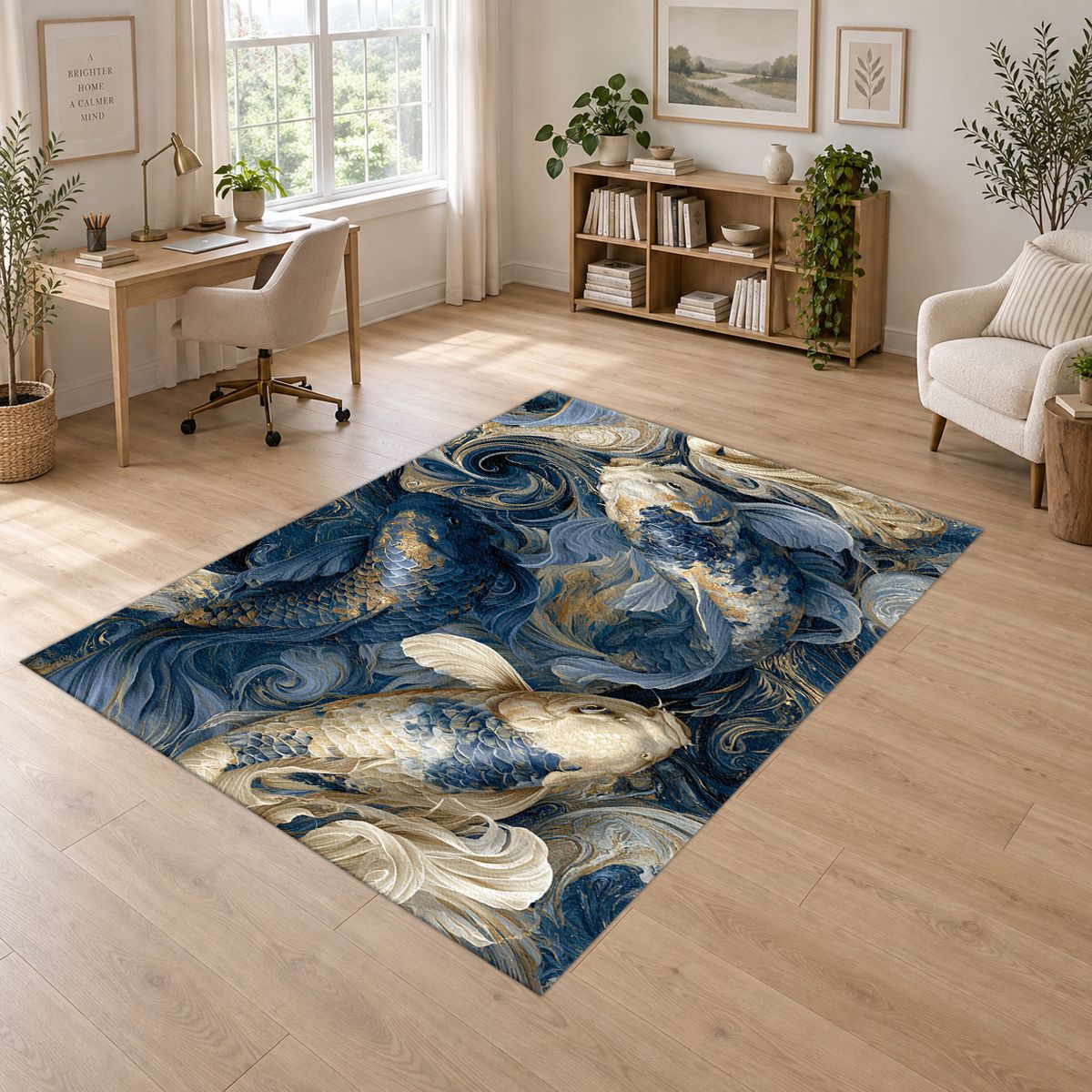 Navy Koi Fish Swirls printed area rug