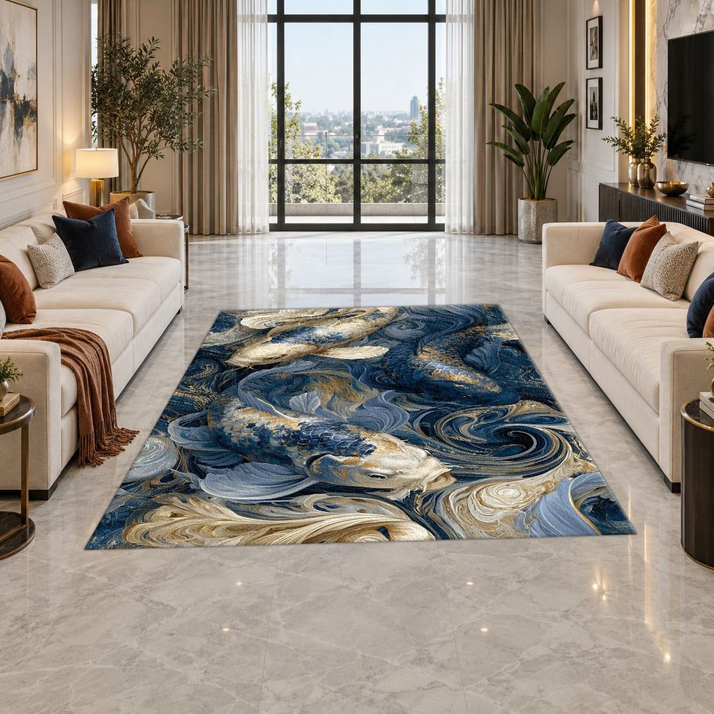 Navy Koi Fish Swirls printed area rug