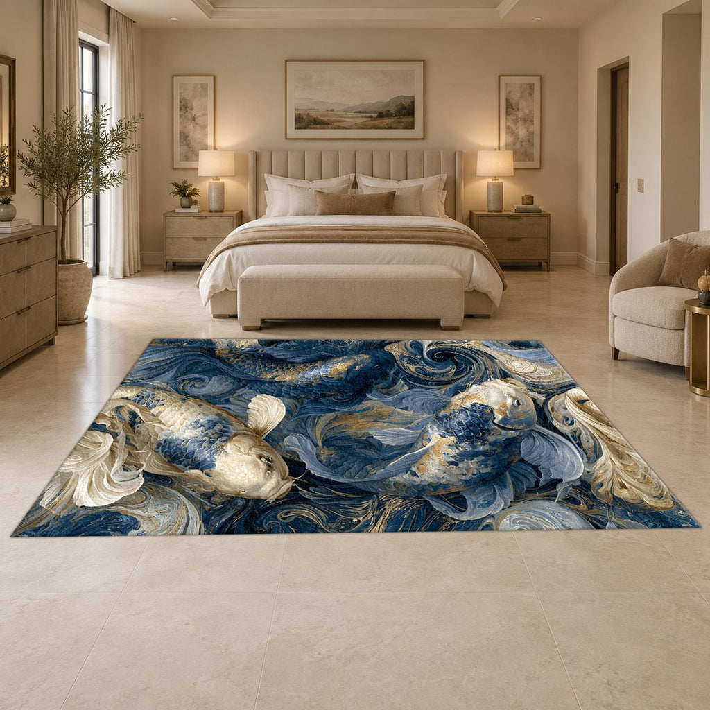 Navy Koi Fish Swirls printed area rug
