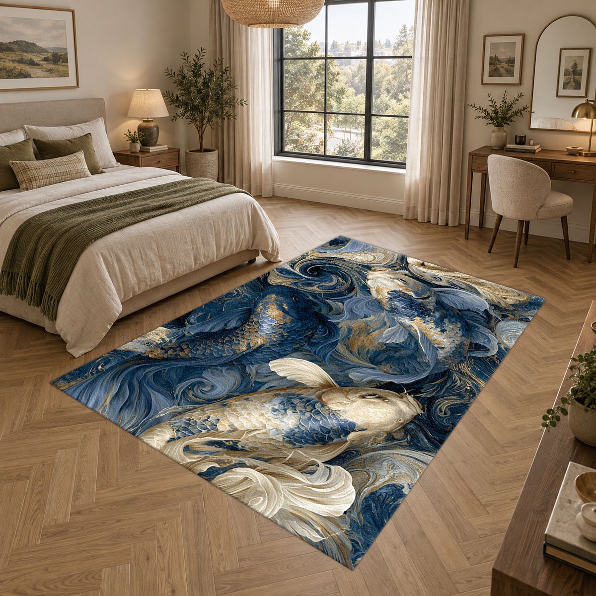 Navy Koi Fish Swirls printed area rug