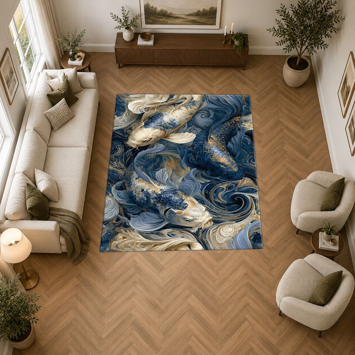 Navy Koi Fish Swirls printed area rug